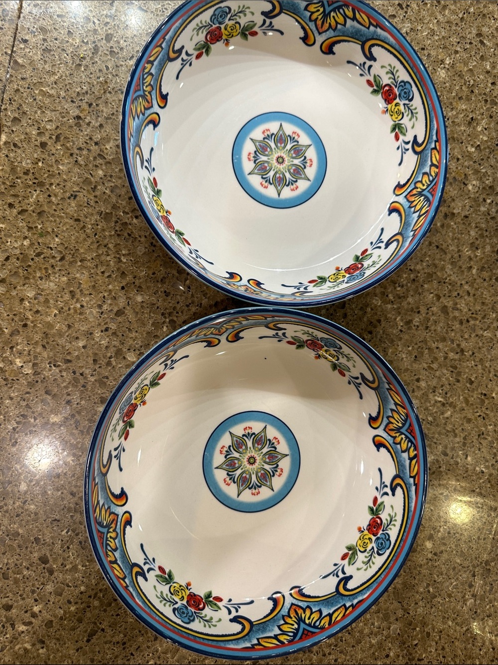 Euro Cerámica “Zanzibar” Floral Blue-Trim Ceramic Serving Bowls Set of 2